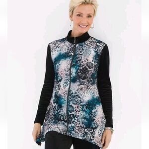 Chicos Zenergy Velour Animal Print Scroll Jacket Size 2 Zip Up Blue Back